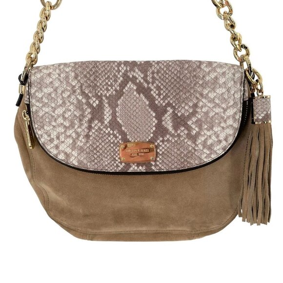 MICHAEL KORS Bedford Dark Sand Suede & Python Embossed Leather Shoulder Bag - Picture 2 of 9